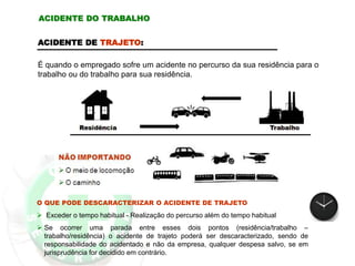 ACIDENTE DO TRABALHO
ACIDENTE DE TRAJETO:
É quando o empregado sofre um acidente no percurso da sua residência para o
trabalho ou do trabalho para sua residência.
O QUE PODE DESCARACTERIZAR O ACIDENTE DE TRAJETO
 Exceder o tempo habitual - Realização do percurso além do tempo habitual
 Se ocorrer uma parada entre esses dois pontos (residência/trabalho –
trabalho/residência) o acidente de trajeto poderá ser descaracterizado, sendo de
responsabilidade do acidentado e não da empresa, qualquer despesa salvo, se em
jurisprudência for decidido em contrário.
 