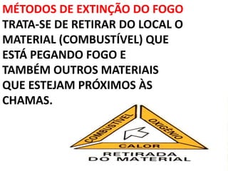 MÉTODOS DE EXTINÇÃO DO FOGO
TRATA-SE DE RETIRAR DO LOCAL O
MATERIAL (COMBUSTÍVEL) QUE
ESTÁ PEGANDO FOGO E
TAMBÉM OUTROS MATERIAIS
QUE ESTEJAM PRÓXIMOS ÀS
CHAMAS.
 