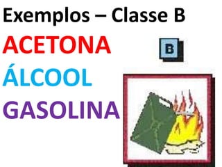 Exemplos – Classe B
ACETONA
ÁLCOOL
GASOLINA
 