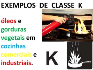 EXEMPLOS DE CLASSE K
óleos e
gorduras
vegetais em
cozinhas
comerciais e
industriais.
 
