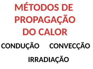 MÉTODOS DE
PROPAGAÇÃO
DO CALOR
CONDUÇÃO CONVECÇÃO
IRRADIAÇÃO
 