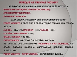 PORQUE AS DROGAS VICIAM?
    AS DROGAS VICIAM BASICAMENTE POR TRÊS MOTIVOS:
PROVOCAM SENSAÇÕES DIFERENTES (PRAZER);
APRESENTAM TOLERÂNCIA;
EXISTEM NO MERCADO.
       CADA DROGA APRESENTA UM ÍNDICE CONHECIDO COMO:
PODER VICIANTE: PODER QUE A DROGA TEM DE TORNAR UMA PESSOA
VICIADA.
ÁLCOOL – 10 Á 15%, MACONHA – 30%, TABACO – 40%;
COCAÍNA, ANFETAMINAS – 80%;
CRACK, HEROÍNA + DE 90%.
FATOR VICIÁVEL: A PESSOA É SUSCETÍVEL AO VÍCIO.
AS DROGAS QUE APRESENTAM TOLERÂNCIA SÃO VICIANTES, EX:
CRACK,     COCAÍNA,   MACONHA,   ANFETAMINAS,   HEROÍNA,   TABACO,
ÁLCOOL, ETC...
PODER VICIANTE + FATOR VICIÁVEL = DEPENDÊNCIA QUÍMICA
 