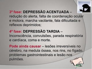 3ª fase: DEPRESSÃO ACENTUADA –
redução do alerta, falta de coordenação ocular
e motora, marcha vacilante, fala dificultada e
reflexos deprimidos;
4ª fase: DEPRESSÃO TARDIA –
Inconsciência, convulsões, parada respiratória
e cardíaca, coma e morte.
Pode ainda causar – lesões irreversíveis no
cérebro, na medula óssea, nos rins, no fígado,
problemas gastrointestinais e lesão nos
pulmões.
 