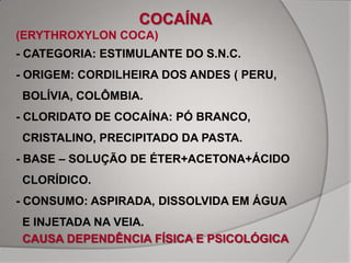 COCAÍNA
(ERYTHROXYLON COCA)
- CATEGORIA: ESTIMULANTE DO S.N.C.
- ORIGEM: CORDILHEIRA DOS ANDES ( PERU,
BOLÍVIA, COLÔMBIA.
- CLORIDATO DE COCAÍNA: PÓ BRANCO,
CRISTALINO, PRECIPITADO DA PASTA.
- BASE – SOLUÇÃO DE ÉTER+ACETONA+ÁCIDO
CLORÍDICO.
- CONSUMO: ASPIRADA, DISSOLVIDA EM ÁGUA
E INJETADA NA VEIA.
CAUSA DEPENDÊNCIA FÍSICA E PSICOLÓGICA
 
