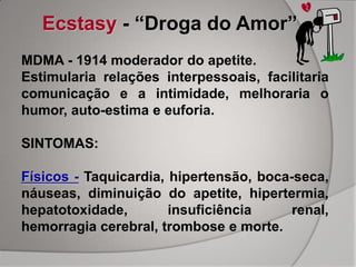 Ecstasy - “Droga do Amor”
MDMA - 1914 moderador do apetite.
Estimularia relações interpessoais, facilitaria
comunicação e a intimidade, melhoraria o
humor, auto-estima e euforia.

SINTOMAS:

Físicos - Taquicardia, hipertensão, boca-seca,
náuseas, diminuição do apetite, hipertermia,
hepatotoxidade,        insuficiência     renal,
hemorragia cerebral, trombose e morte.
 