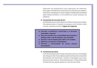 14
obtenção de equipamento para aplicação de inseticida,
estocagem de inseticidas, fornecimento de veículos para realizar o
tratamento,nebulização e outras medidas consideradas necessárias
pelos líderes sanitários e comunitários se houver ameaça de
epidemia.
q Campanhas de remoção de lixo
As atividades de remoção de lixo tem efeitos duradouros e amplos,
não apenas sobre o mosquito do dengue como tambem sobre
moscas, roedores e baratas. Sugere-se o seguinte:
q Campanhas escolares
O uso de escolas para promoção da saúde e de uma comunidade
sem dengue é vital. Os escolares podem participar de campanhas
de limpeza e de informação. Levarão a mensagem para casa,
para seus pais e vizinhos. Os escolares podem começar limpando
a própria escola, agindo depois em volta de suas casas.
q Convide a prefeitura a participar e a fornecer
caminhões e pessoal.
q Faça uma reunião com a comunidade para focalizar a
atenção sobre o dia de limpeza e seu propósito.
q Anuncie o dia da limpeza pelo rádio e em cartazes.
q Estimule os escolares a participarem.
q Obtenha a participação de outros grupos
comunitários.
 