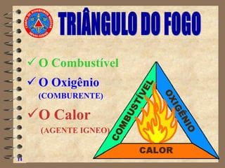 14
✓ O Combustível
✓ O Oxigênio
(COMBURENTE)
✓O Calor
(AGENTE IGNEO)
 