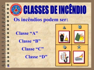 Os incêndios podem ser:
Classe “A”
Classe “B”
Classe “C”
Classe “D”
16
 
