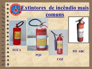 Extintores de incêndio mais
comuns
21
ÁGUA
PQS
CO2
PÓ ABC
 