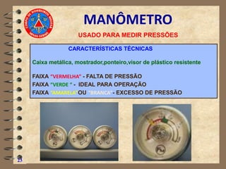 23
MANÔMETRO
CARACTERÍSTICAS TÉCNICAS
Caixa metálica, mostrador,ponteiro,visor de plástico resistente
FAIXA “VERMELHA” - FALTA DE PRESSÃO
FAIXA “VERDE “ - IDEAL PARA OPERAÇÃO
FAIXA “AMARELA”OU “BRANCA”- EXCESSO DE PRESSÃO
USADO PARA MEDIR PRESSÕES
 