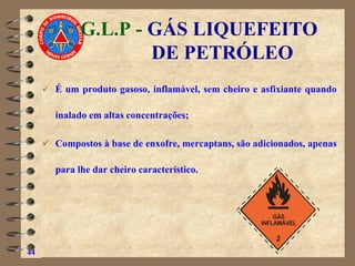 G.L.P - GÁS LIQUEFEITO
DE PETRÓLEO
✓ É um produto gasoso, inflamável, sem cheiro e asfixiante quando
inalado em altas concentrações;
✓ Compostos à base de enxofre, mercaptans, são adicionados, apenas
para lhe dar cheiro característico.
44
GÁS
INFLAMÁVEL
2
 