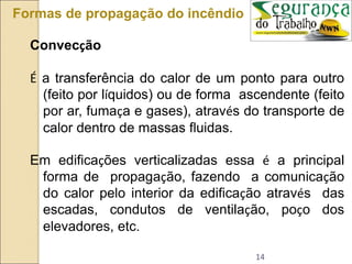 14
Formas de propagação do incêndio
Convecção
É a transferência do calor de um ponto para outro
(feito por líquidos) ou de forma ascendente (feito
por ar, fumaça e gases), através do transporte de
calor dentro de massas fluidas.
Em edificações verticalizadas essa é a principal
forma de propagação, fazendo a comunicação
do calor pelo interior da edificação através das
escadas, condutos de ventilação, poço dos
elevadores, etc.
 