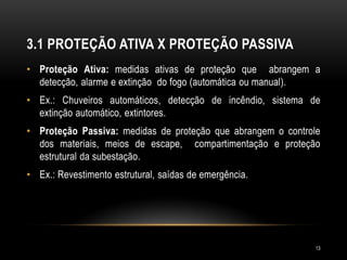 3.1 PROTEÇÃO ATIVA X PROTEÇÃO PASSIVA
• Proteção Ativa: medidas ativas de proteção que abrangem a
detecção, alarme e extinção do fogo (automática ou manual).
• Ex.: Chuveiros automáticos, detecção de incêndio, sistema de
extinção automático, extintores.
• Proteção Passiva: medidas de proteção que abrangem o controle
dos materiais, meios de escape, compartimentação e proteção
estrutural da subestação.
• Ex.: Revestimento estrutural, saídas de emergência.
13
 