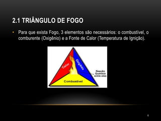2.1 TRIÂNGULO DE FOGO
• Para que exista Fogo, 3 elementos são necessários: o combustível, o
comburente (Oxigênio) e a Fonte de Calor (Temperatura de Ignição).
6
 