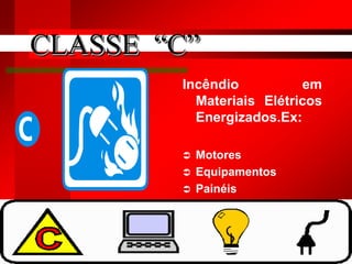 5
Incêndio em
Materiais Elétricos
Energizados.Ex:
 Motores
 Equipamentos
 Painéis
CLASSE “C”
 