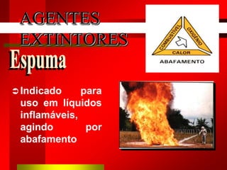  Indicado para
uso em líquidos
inflamáveis,
agindo por
abafamento
AGENTES
EXTINTORES
 