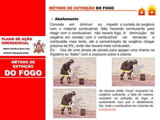 PLANO DE AÇÃO
EMERGENCIAL
Editora Gráficos Burti Ltda.
Unidade Itaquaquecetuba
MÉTODO DE EXTINÇÃO DO FOGO
 Abafamento
Consiste em diminuir ou impedir o contato do oxigênio
com o material combustível. Não havendo comburente para
reagir com o combustível, não haverá fogo. A diminuição do
oxigênio em contato com o combustível vai tornando a
combustão mais lenta, até a concentração de oxigênio chegar
próxima de 8%, onde não haverá mais combustão.
Ex.: Uso de uma tampa de panela para apagar uma chama na
frigideira ou “bater” com a vassoura sobre a chama.
As chamas estão “vivas” enquanto há
oxigênio suficiente, a falta do mesmo
resultará na extinção do fogo, é
exatamente isso que o abafamento
faz, isola o combustível em chamas do
comburente.
MÉTODO DE
EXTINÇÃO
DO FOGO
 