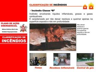 PLANO DE AÇÃO
EMERGENCIAL
Editora Gráficos Burti Ltda.
Unidade Itaquaquecetuba
CLASSIFICAÇÃO DE INCÊNDIOS
Incêndio Classe “B”
Incêndio envolvendo líquidos inflamáveis, graxas e gases
combustíveis.
É caracterizado por não deixar resíduos e queimar apenas na
superfície exposta e não em profundidade.
Tintas Resíduos Inflamáveis Central de gás
Não deixar
resíduos e
queimar apenas
na superfície
exposta e não em
profundidade.
CLASSIFICAÇÃO DE
INCÊNDIOS
 