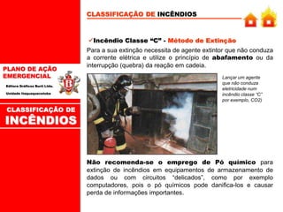 PLANO DE AÇÃO
EMERGENCIAL
Editora Gráficos Burti Ltda.
Unidade Itaquaquecetuba
CLASSIFICAÇÃO DE INCÊNDIOS
Incêndio Classe “C” - Método de Extinção
Para a sua extinção necessita de agente extintor que não conduza
a corrente elétrica e utilize o princípio de abafamento ou da
interrupção (quebra) da reação em cadeia.
Lançar um agente
que não conduza
eletricidade num
incêndio classe “C”
por exemplo, CO2)
Não recomenda-se o emprego de Pó químico para
extinção de incêndios em equipamentos de armazenamento de
dados ou com circuitos “delicados”, como por exemplo
computadores, pois o pó químicos pode danifica-los e causar
perda de informações importantes.
CLASSIFICAÇÃO DE
INCÊNDIOS
 