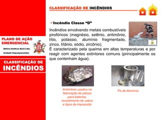 PLANO DE AÇÃO
EMERGENCIAL
Editora Gráficos Burti Ltda.
Unidade Itaquaquecetuba
CLASSIFICAÇÃO DE INCÊNDIOS
Incêndio Classe “D”
Incêndios envolvendo metais combustíveis
pirofóricos (magnésio, selênio, antimônio,
lítio, potássio, alumínio fragmentado,
zinco, títânio, sódio, zircônio).
É caracterizado pela queima em altas temperaturas e por
reagir com agentes extintores comuns (principalmente os
que contenham água).
Antimônio usados na
fabricação de placas
para baterias,
revestimento de cabos
e tipos de impressão
Pó de Alumínio
CLASSIFICAÇÃO DE
INCÊNDIOS
 