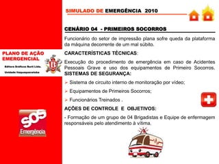 PLANO DE AÇÃO
EMERGENCIAL
Editora Gráficos Burti Ltda.
Unidade Itaquaquecetuba
Funcionário do setor de impressão plana sofre queda da plataforma
da máquina decorrente de um mal súbito.
CARACTERÍSTICAS TÉCNICAS:
Execução do procedimento de emergência em caso de Acidentes
Pessoais Grave e uso dos equipamentos de Primeiro Socorros.
SISTEMAS DE SEGURANÇA:
 Sistema de circuito interno de monitoração por vídeo;
 Equipamentos de Primeiros Socorros;
 Funcionários Treinados .
AÇÕES DE CONTROLE E OBJETIVOS:
- Formação de um grupo de 04 Brigadistas e Equipe de enfermagem
responsáveis pelo atendimento à vítima.
CENÁRIO 04 - PRIMEIROS SOCORROS
SIMULADO DE EMERGÊNCIA 2010
 