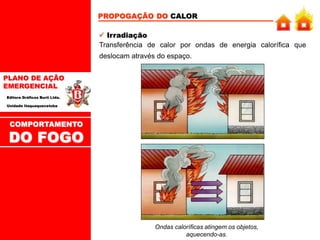 PLANO DE AÇÃO
EMERGENCIAL
Editora Gráficos Burti Ltda.
Unidade Itaquaquecetuba
PROPOGAÇÃO DO CALOR
 Irradiação
Transferência de calor por ondas de energia calorífica que
deslocam através do espaço.
Ondas caloríficas atingem os objetos,
aquecendo-as.
COMPORTAMENTO
DO FOGO
 