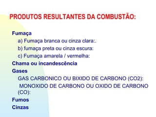 PRODUTOS RESULTANTES DA COMBUSTÃO:
Fumaça
a) Fumaça branca ou cinza clara:.
b) fumaça preta ou cinza escura:
c) Fumaça amarela / vermelha:
Chama ou incandescência
Gases
GAS CARBONICO OU BIXIDO DE CARBONO (CO2):
MONOXIDO DE CARBONO OU OXIDO DE CARBONO
(CO):
Fumos
Cinzas
 