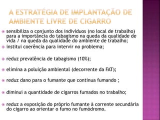  sensibiliza o conjunto dos indivíduos (no local de trabalho) 
para a importância do tabagismo na queda da qualidade de 
vida / na queda da qualidade do ambiente de trabalho; 
 institui coerência para intervir no problema; 
 reduz prevalência de tabagismo (10%); 
 elimina a poluição ambiental (decorrente da FAT); 
 reduz dano para o fumante que continua fumando ; 
 diminui a quantidade de cigarros fumados no trabalho; 
 reduz a exposição do próprio fumante à corrente secundária 
do cigarro ao orientar o fumo no fumódromo. 
 
