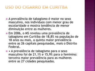  A prevalência de tabagismo é maior no sexo 
masculino, nos indivíduos com menor grau de 
escolaridade e mostra tendência de menor 
diminuição entre as mulheres. 
 Em 2006, o MS revelou uma prevalência de 
tabagismo em Curitiba de 18,8% na população de 
18 anos ou mais, a quinta maior prevalência 
entre as 26 capitais pesquisadas, mais o Distrito 
Federal. 
 • A prevalência de tabagismo para o sexo 
masculino foi de 21,1% e 15,9% para o feminino: 
terceira maior prevalência para as mulheres 
entre as 27 cidades pesquisadas. 
 