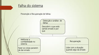 Falha do sistema
Prevenção e Recuperação de falhas
Detecção e análise de
falhas
Descobrir o que está
saindo errado e por
que
Melhorar a
confiabilidade no
sistema
Fazer as coisas pararem
de dar errado
Recuperação
Lidar com a situação
quando algo da errado
 