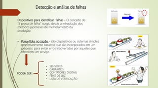 Detecção e análise de falhas
Dispositivos para identificar falhas - O conceito de
“à prova de falha” surgiu desde a introdução dos
métodos japoneses de melhoramento da
produção.
• Poka-Yoke no Japão - são dispositivos ou sistemas simples
(preferivelmente baratos) que são incorporados em um
processo para evitar erros inadvertidos por aqueles que
oferecem um serviço
PODEM SER :
• SENSORES
• GABARITOS
• CONTATORES DIGITAIS
• FEIXE DE LUZ
• LISTA DE VERIFICAÇÃO
 