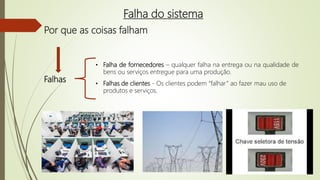 Por que as coisas falham
Falhas • Falhas de clientes - Os clientes podem “falhar” ao fazer mau uso de
produtos e serviços.
• Falha de fornecedores – qualquer falha na entrega ou na qualidade de
bens ou serviços entregue para uma produção.
Falha do sistema
 