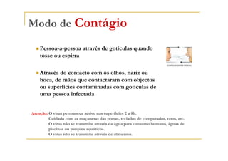 Modo de Contágio

    Pessoa-a-pessoa através de gotículas quando
    tosse ou espirra

    Através do contacto com os olhos, nariz ou
    boca, de mãos que contactaram com objectos
    ou superfícies contaminadas com gotículas de
    uma pessoa infectada


Atenção: O vírus permanece activo nas superfícies 2 a 8h.
         Cuidado com as maçanetas das portas, teclados de computador, ratos, etc.
         O vírus não se transmite através da água para consumo humano, águas de
         piscinas ou parques aquáticos.
         O vírus não se transmite através de alimentos.
 
