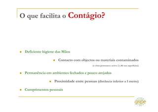 O que facilita o Contágio?



 Deficiente higiene das Mãos

                    Contacto com objectos ou materiais contaminados
                                           (o vírus permanece activo 2 a 8h nas superfícies)


 Permanência em ambientes fechados e pouco arejados

                  Proximidade entre pessoas (distância inferior a 1 metro)

 Cumprimentos pessoais
 