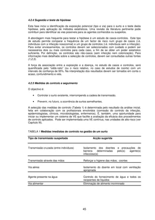 45
4.2.4 Sugestão e teste da hipótese
Esta fase inclui a identificação da exposição potencial (tipo e via) para o surto e o teste desta
hipótese, pela aplicação de métodos estatísticos. Uma revisão da literatura pertinente pode
contribuir para identificar as vias possíveis para os agentes conhecidos ou suspeitos.
A abordagem mais frequente para testar a hipótese é um estudo de casos-controlos. Este tipo
de estudo permite comparar a frequência de um factor de risco num grupo de casos (i.é.
indivíduos com a infecção nosocomial) e um grupo de controlos (i.é. indivíduos sem a infecção).
Para evitar enviesamentos, os controlos devem ser seleccionados com cuidado e podem ser
necessários dois ou mais controlos para cada caso, a fim de se obter um poder estatístico
suficiente. Por definição, os controlos são não-casos (sem infecção nem colonização). Para
informação mais detalhada sobre a selecção de controlos, devem ser consultadas outras fontes
(1,2,3).
A força da associação entre a exposição e a doença, no estudo de casos e controlos, será
quantificada pelo “odds-ratio” (ou o risco relativo, no caso de estudos de coorte) com um
intervalo de confiança de 95%. Na interpretação dos resultados devem ser tomados em conta o
acaso, confundimento e viés.
4.2.5 Medidas de controlo e seguimento
O objectivo é:
• Controlar o surto existente, interrompendo a cadeia de transmissão.
• Prevenir, no futuro, a ocorrência de surtos semelhantes.
A selecção das medidas de controlo (Tabela 1) é determinada pelo resultado da análise inicial,
feita em colaboração com os profissionais envolvidos (comissão do controlo da infecção,
epidemiologistas, clínicos, microbiologistas, enfermeiros). É, também, uma oportunidade para
iniciar ou implementar um sistema de VE que facilite a avaliação da eficácia dos procedimentos
de controlo aplicados. Pode ser implementada uma VE contínua, nas unidades de alto-risco (ver
Capítulo III).
TABELA 1 Medidas imediatas de controlo na gestão de um surto
Tipo de transmissão suspeitada Acção sugerida
Transmissão cruzada (entre indivíduos) Isolamento dos doentes e precauções de
barreira determinadas pelo(s) agente(s)
infeccioso(s)
Transmissão através das mãos Reforçar a higiene das mãos; coortes
Via aérea Isolamento do doente em local com ventilação
apropriada
Agente presente na água Controlo do fornecimento de água e todos os
recipientes de líquidos
Via alimentar Eliminação de alimento incriminado
 