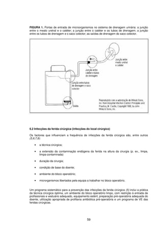 59
FIGURA 1. Portas de entrada de microorganismos no sistema de drenagem urinária: a junção
entre o meato uretral e o catéter; a junção entre o catéter e os tubos de drenagem; a junção
entre os tubos de drenagem e o saco colector; as saídas de drenagem do saco colector.
6.2 Infecções da ferida cirúrgica (infecções do local cirúrgico)
Os factores que influenciam a frequência de infecções da ferida cirúrgica são, entre outros
(5,6,7,8):
• a técnica cirúrgica;
• a extensão da contaminação endógena da ferida na altura da cirurgia (p. ex., limpa,
limpa-contaminada)
• duração da cirurgia;
• condição de base do doente;
• ambiente do bloco operatório;
• microrganismos libertados pela equipa a trabalhar no bloco operatório.
Um programa sistemático para a prevenção das infecções da ferida cirúrgica (5) inclui a prática
da técnica cirúrgica óptima, um ambiente do bloco operatório limpo, com restrição à entrada de
profissionais e vestuário adequado, equipamento estéril, preparação pré-operatória adequada do
doente, utilização apropriada de profilaxia antibiótica pré-operatória e um programa de VE das
feridas cirúrgicas.
 