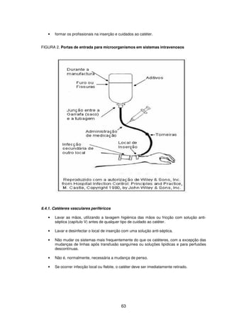 63
• formar os profissionais na inserção e cuidados ao catéter.
FIGURA 2. Portas de entrada para microorganismos em sistemas intravenosos
6.4.1. Catéteres vasculares periféricos
• Lavar as mãos, utilizando a lavagem higiénica das mãos ou fricção com solução anti-
séptica (capítulo V) antes de qualquer tipo de cuidado ao catéter.
• Lavar e desinfectar o local de inserção com uma solução anti-séptica.
• Não mudar os sistemas mais frequentemente do que os catéteres, com a excepção das
mudanças de linhas após transfusão sanguínea ou soluções lipídicas e para perfusões
descontínuas.
• Não é, normalmente, necessária a mudança de penso.
• Se ocorrer infecção local ou flebite, o catéter deve ser imediatamente retirado.
 
