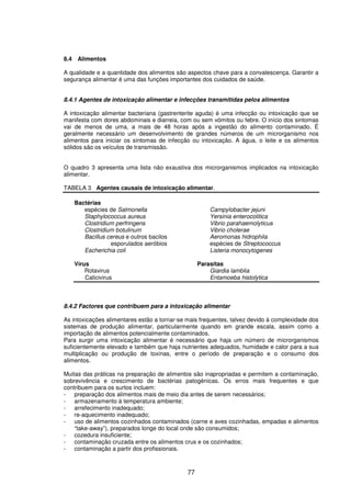 77
8.4 Alimentos
A qualidade e a quantidade dos alimentos são aspectos chave para a convalescença. Garantir a
segurança alimentar é uma das funções importantes dos cuidados de saúde.
8.4.1 Agentes de intoxicação alimentar e infecções transmitidas pelos alimentos
A intoxicação alimentar bacteriana (gastrenterite aguda) é uma infecção ou intoxicação que se
manifesta com dores abdominais e diarreia, com ou sem vómitos ou febre. O início dos sintomas
vai de menos de uma, a mais de 48 horas após a ingestão do alimento contaminado. É
geralmente necessário um desenvolvimento de grandes números de um microrganismo nos
alimentos para iniciar os sintomas de infecção ou intoxicação. A água, o leite e os alimentos
sólidos são os veículos de transmissão.
O quadro 3 apresenta uma lista não exaustiva dos microrganismos implicados na intoxicação
alimentar.
TABELA 3 Agentes causais de intoxicação alimentar.
Bactérias
espécies de Salmonella Campylobacter jejuni
Staphylococcus aureus Yersinia enterocolitica
Clostridium perfringens Vibrio parahaemolyticus
Clostridium botulinum Vibrio cholerae
Bacillus cereus e outros bacilos Aeromonas hidrophila
esporulados aeróbios espécies de Streptococcus
Escherichia coli Listeria monocytogenes
Vírus Parasitas
Rotavirus Giardia lamblia
Calicivirus Entamoeba histolytica
8.4.2 Factores que contribuem para a intoxicação alimentar
As intoxicações alimentares estão a tornar-se mais frequentes, talvez devido à complexidade dos
sistemas de produção alimentar, particularmente quando em grande escala, assim como a
importação de alimentos potencialmente contaminados.
Para surgir uma intoxicação alimentar é necessário que haja um número de microrganismos
suficientemente elevado e também que haja nutrientes adequados, humidade e calor para a sua
multiplicação ou produção de toxinas, entre o período de preparação e o consumo dos
alimentos.
Muitas das práticas na preparação de alimentos são inapropriadas e permitem a contaminação,
sobrevivência e crescimento de bactérias patogénicas. Os erros mais frequentes e que
contribuem para os surtos incluem:
- preparação dos alimentos mais de meio dia antes de serem necessários;
- armazenamento à temperatura ambiente;
- arrefecimento inadequado;
- re-aquecimento inadequado;
- uso de alimentos cozinhados contaminados (carne e aves cozinhadas, empadas e alimentos
“take-away”), preparados longe do local onde são consumidos;
- cozedura insuficiente;
- contaminação cruzada entre os alimentos crus e os cozinhados;
- contaminação a partir dos profissionais.
 