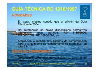 GUÍA TÉCNICA RD 1216/1997 
NOVIDADES 
En xeral, mesmo contido que a edición da Guía 
Técnica de 2004 
Hai referencias ás novas disposicións normativas 
aparecidas neste período: RD 1185/2006, 
RD 543/2007, RD 1696/2007, etc. 
Ampliación e mellora dos listados de comprobación 
para o seguimento do cumprimento da normativa, en 
total 21. 
GRAO DE CUMPRIMENTO 
Observouse unha mellora significativa, pero aínda 
queda camiño por andarE. 
15/10/2012 INSTITUTO GALEGO DE SEGURIDADE E SAÚDE LABORAL 22 
 
