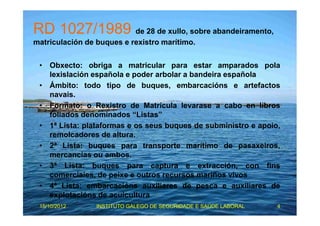 RD 1027/1989 de 28 de xullo, sobre abandeiramento, 
matriculación de buques e rexistro marítimo. 
• Obxecto: obriga a matricular para estar amparados pola 
lexislación española e poder arbolar a bandeira española 
• Ámbito: todo tipo de buques, embarcacións e artefactos 
navais. 
• Formato: o Rexistro de Matrícula levarase a cabo en libros 
foliados denominados “Listas” 
• 1ª Lista: plataformas e os seus buques de subministro e apoio, 
remolcadores de altura. 
• 2ª Lista: buques para transporte marítimo de pasaxeiros, 
mercancías ou ambos. 
• 3ª Lista: buques para captura e extracción, con fins 
comerciaies, de peixe e outros recursos mariños vivos 
• 4ª Lista: embarcacións auxiliares de pesca e auxiliares de 
explotacións de acuicultura 
15/10/2012 INSTITUTO GALEGO DE SEGURIDADE E SAÚDE LABORAL 4 
 
