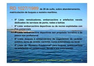 RD 1027/1989 de 28 de xullo, sobre abandeiramento, 
matriculación de buques e rexistro marítimo. 
• 5ª Lista: remolcadores, embarcacións e artefactos navais 
dedicados ós servizos de porto, radas e bahías 
• 6ª Lista: embarcacións deportivas ou de recreo explotadas con 
fins comerciais 
• 7ª Lista: embarcacións deportivas sen propósito lucrativo e de 
pesca non profesional 
• 8ª Lista: buques e embarcacións de organismos de carácter 
público, tanto de ámbito nacional, como autonómico ou local 
• 9ª Lista: de “Rexistro Provisional” para buques, embarcacións 
ou artefactos en construción, dende a súa autorización 
15/10/2012 INSTITUTO GALEGO DE SEGURIDADE E SAÚDE LABORAL 5 
 