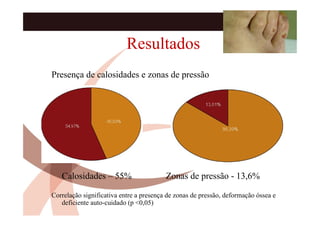 Resultados
Presença de calosidades e zonas de pressão




   Calosidades – 55%                     Zonas de pressão - 13,6%

Correlação significativa entre a presença de zonas de pressão, deformação óssea e
   deficiente auto-cuidado (p <0,05)
 