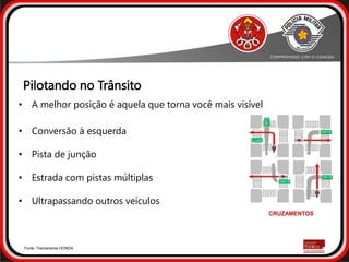 • Conversão à esquerda
• Pista de junção
• Estrada com pistas múltiplas
• Ultrapassando outros veículos
Fonte: Treinamento HONDA
CRUZAMENTOS
Pilotando no Trânsito
• A melhor posição é aquela que torna você mais visível
 