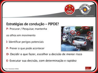 P- Procurar / Pesquisar, mantenha
os olhos em movimento
I- Identificar perigos potenciais
P- Prever o que pode acontecer
Estratégias de condução – PIPDE?
Fonte: Treinamento HONDA
D- Decidir o que fazer, escolher a decisão de menor risco
E- Executar sua decisão, com determinação e rapidez
 