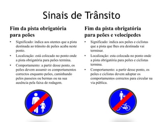 Sinais de TrânsitoFim da pista obrigatória para peõesSignificado: indica aos utentes que a pista destinada ao trânsito de peões acaba neste ponto.Localização: está colocado no ponto onde a pista obrigatória para peões termina.Comportamento: a partir desse ponto, os peões devem assumir os comportamentos correctos enquanto peões, caminhando pelos passeios ou bermas ou na sua ausência pela faixa de rodagem.Fim da pista obrigatória para peões e velocípedesSignificado: indica aos peões e ciclistas que a pista que lhes era destinada vai terminar.Localização: esta colocada no ponto onde a pista obrigatória para peões e ciclistas termina.Comportamento: a partir desse ponto, os peões e ciclistas devem adoptar os comportamentos correctos para circular na via pública.