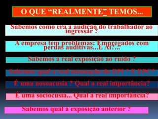 Sabemos como era a audição do trabalhador ao
ingressar ?
A empresa tem problemas: Empregados com
perdas auditivas...E Ai?...
Sabemos a real exposição ao ruído ?
Sabemos qual a real atenuação do EPI ? E EPC?
É uma nosoacusia ? Qual a real importância?
É uma sociocusia... Qual a real importância?
Sabemos qual a exposição anterior ?
O QUE “REALMENTE” TEMOS...
 