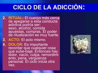 CICLO DE LA ADICCIÓN:
2. RITUAL: El cuerpo más cerca
   de apegarse a esta conducta
   adictiva podría ser:
   sexo, alcohol, comida
   apuestas, compras. El poder
   de ritualización es muy fuerte.
3. ACTO: El acto mismo.
4. DOLOR: Es importante
   recordar que cualquier cosa
   que sube-baja. Entonces hay
   dolor, vacío, culpa, remordimi
   ento, pena, vergüenza
   personal. El ciclo inicia otra
   vez.
 