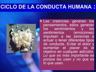 CICLO DE LA CONDUCTA HUMANA                 :

           > Las creencias generan los
             pensamientos, estos generan
             los    sentimientos    y     los
             sentimientos       (emociones)
             impulsan a las personas a
             actuar o tener diferentes tipos
             de conducta. Evitar el dolor y
             aumentar el placer es el
             objetivo en cualquier adicción.
             Lo que es más importante es
             porque las usan y no que es
             lo que usan.
 