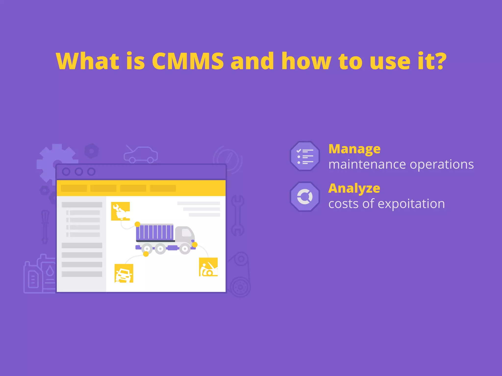 What is CMMS and how to use it?
Manage
maintenance operations
Analyze
costs of expoitation
 
