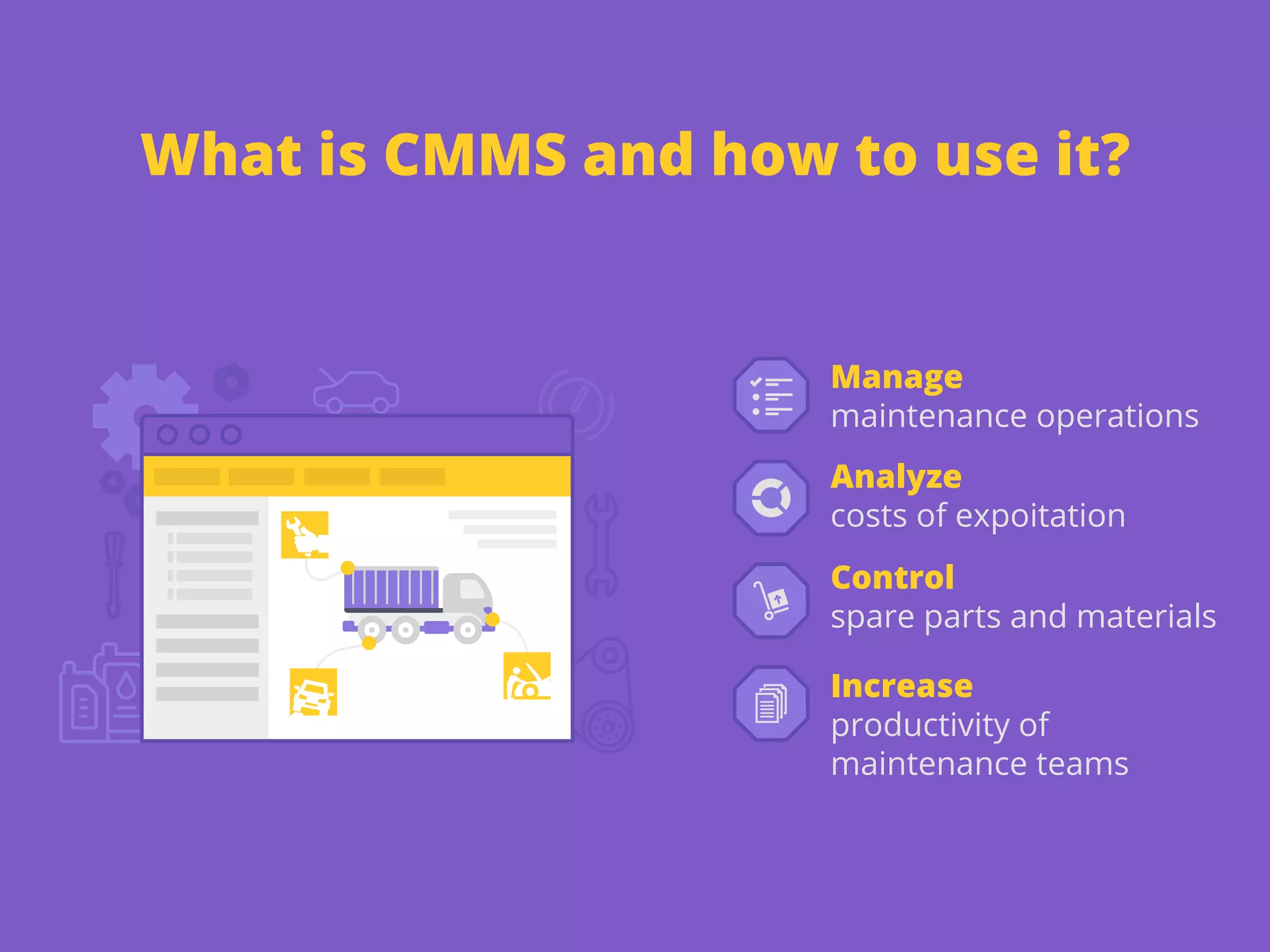 What is CMMS and how to use it?
Manage
maintenance operations
Control
spare parts and materials
Increase
productivity of
maintenance teams
Analyze
costs of expoitation
 